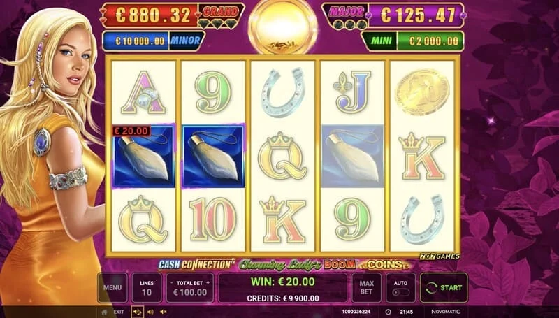 Cash Connection - Charming Lady's Boom Coins - ecran de bază cu câștig pe linie