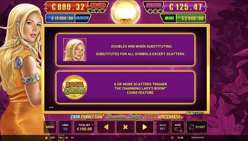 Cash Connection - Charming Lady's Boom Coins - începe runda Boom Coins pe o grilă 7×5